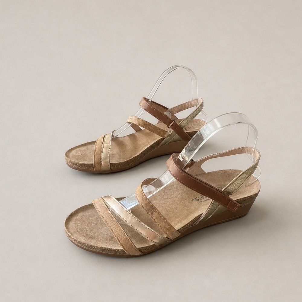 NAOT Leather Handmade Multi-Strap Cork Wedge Sandals Womens Size 9 Rose Gold Tan - Picture 1 of 13